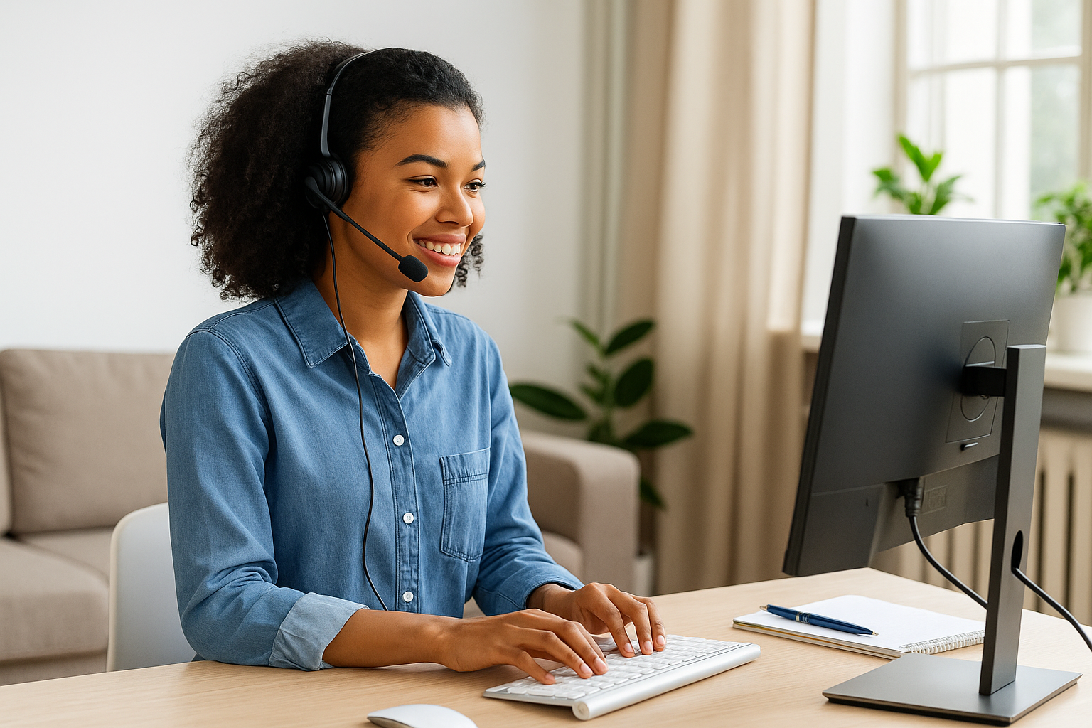 Smiling woman working from home as a call center agent at her computer